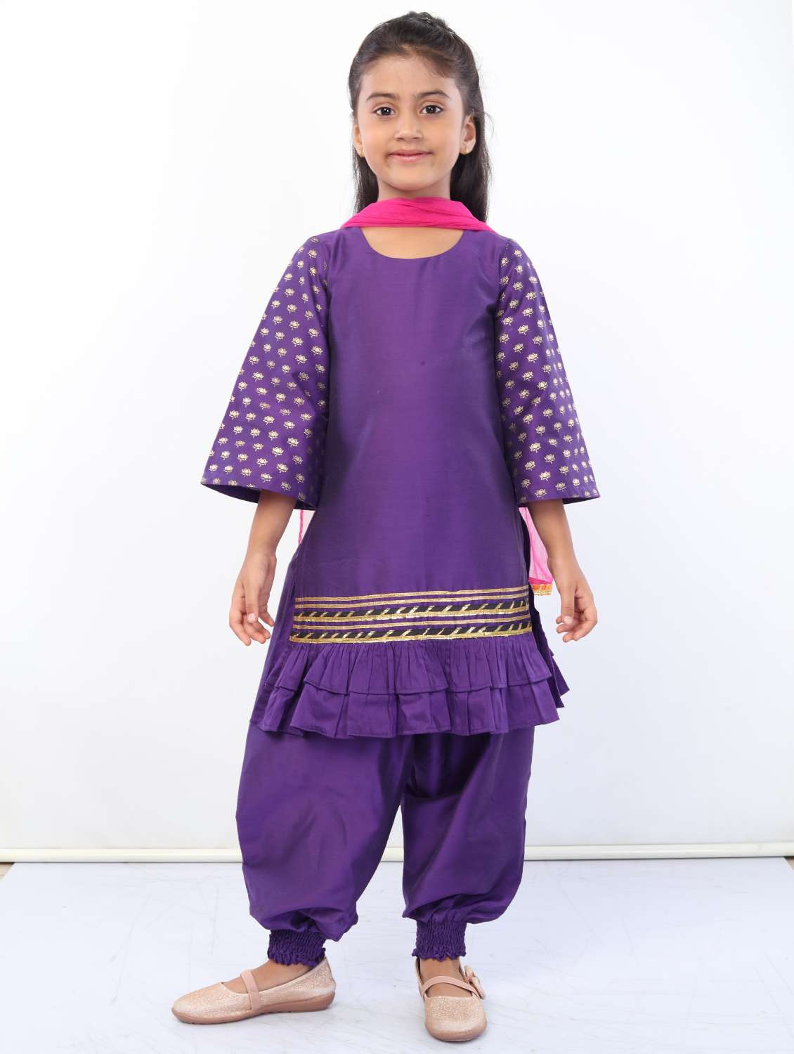 girls purple solid kurta salwar set with dupatta