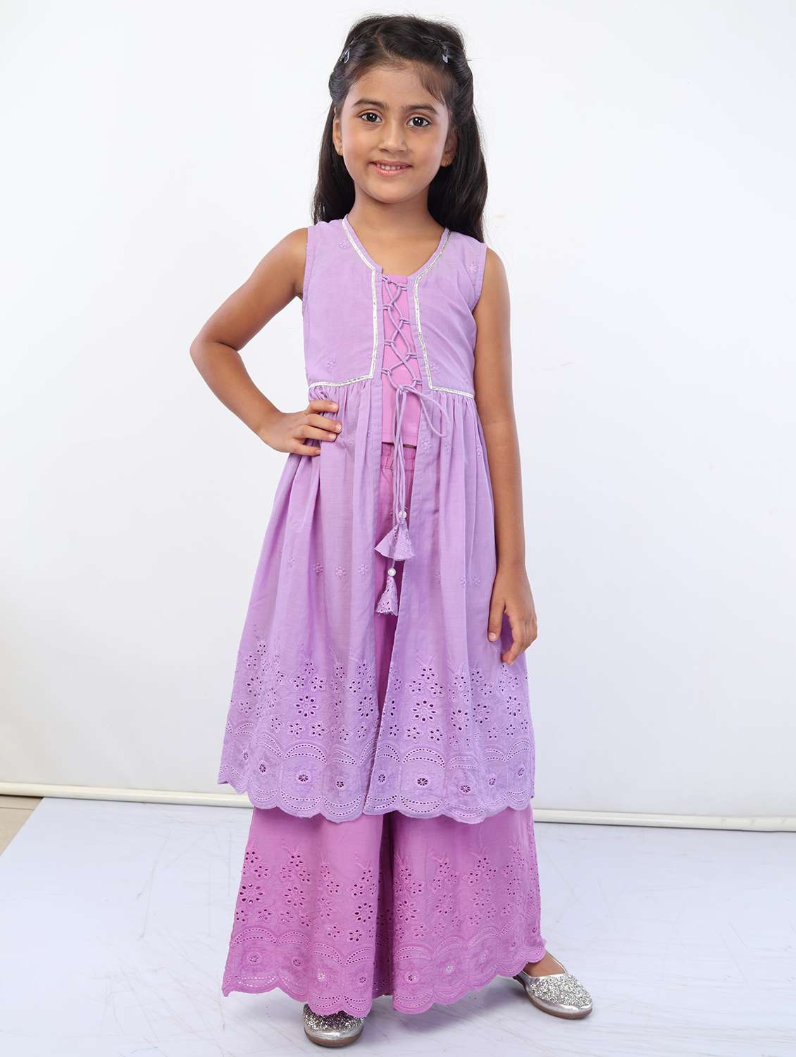 girls purple solid kurta palazzo set