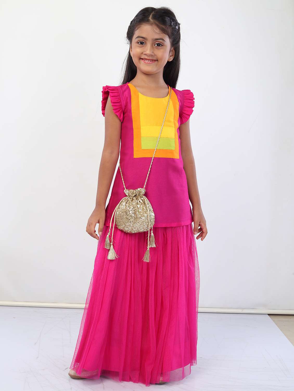 girls pink solid kurta skirt set