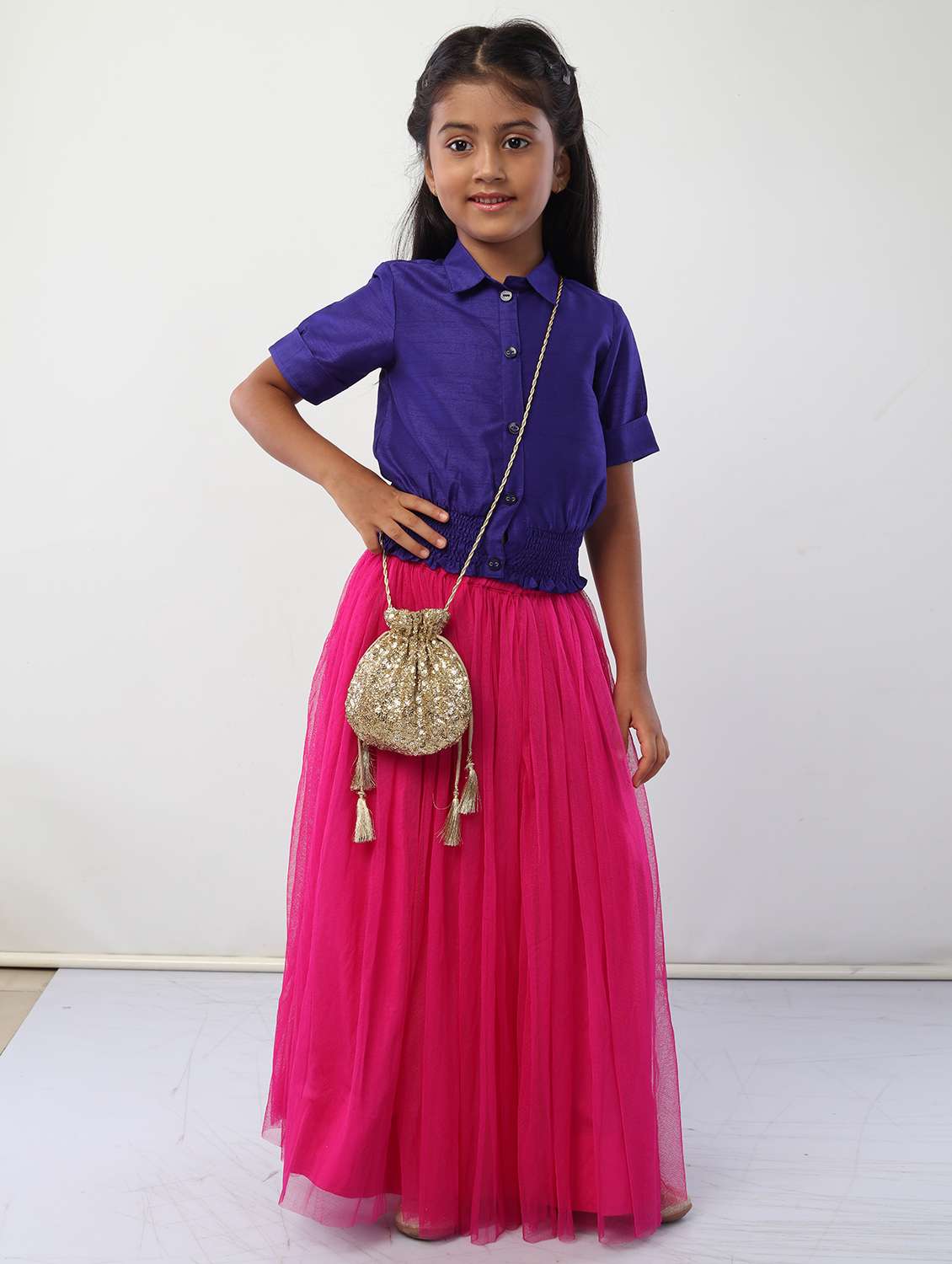 girls purple solid skirt top set