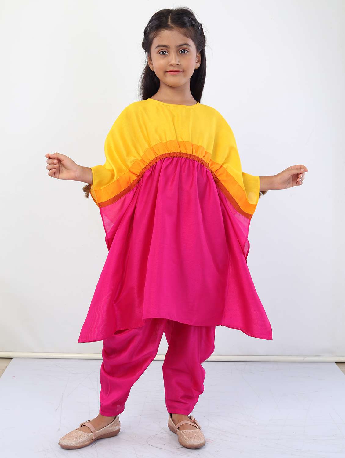 girls pink color block kurta salwar set