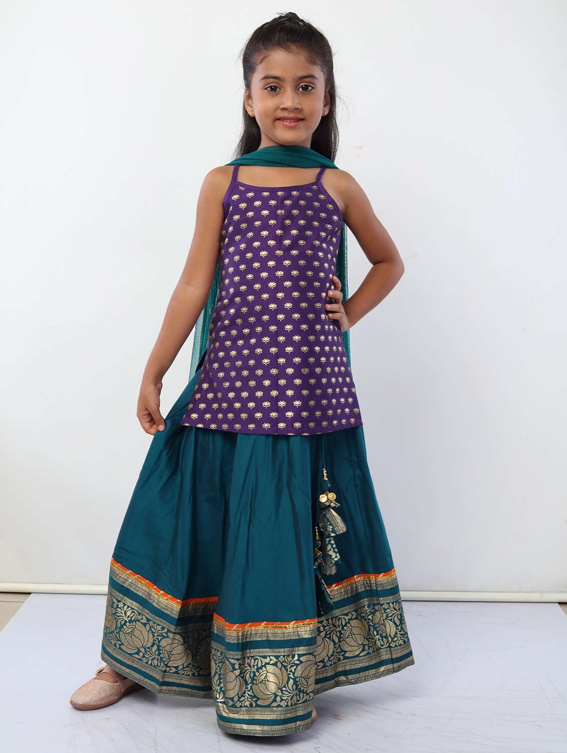 girls purple foil print kurta skirt set with dupatta