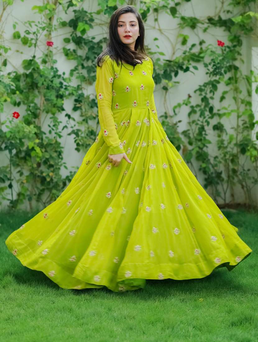 slim fit dress slacks Green Hand Embroidered Gown: Premium Indian Dress by Raas XL / Green