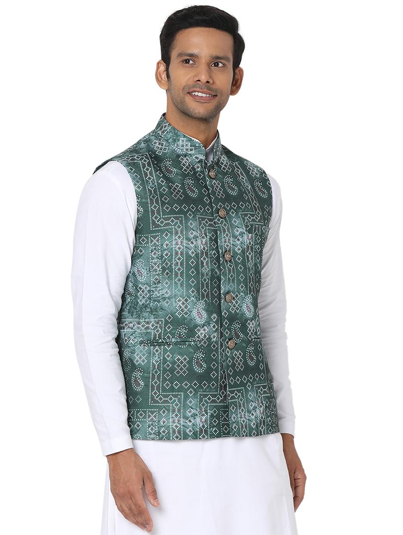 bottle-green printed nehru jacket - 18446476 -  Standard Image - 1