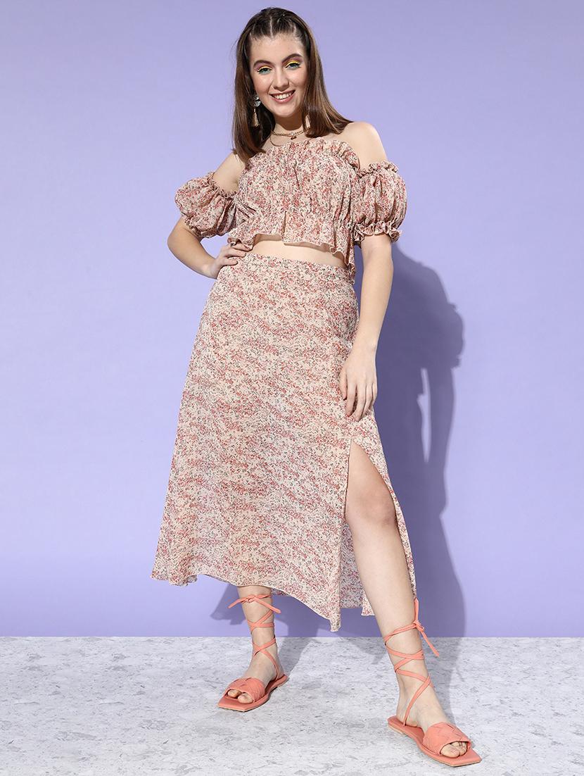 mid rise printed side slit skirt 