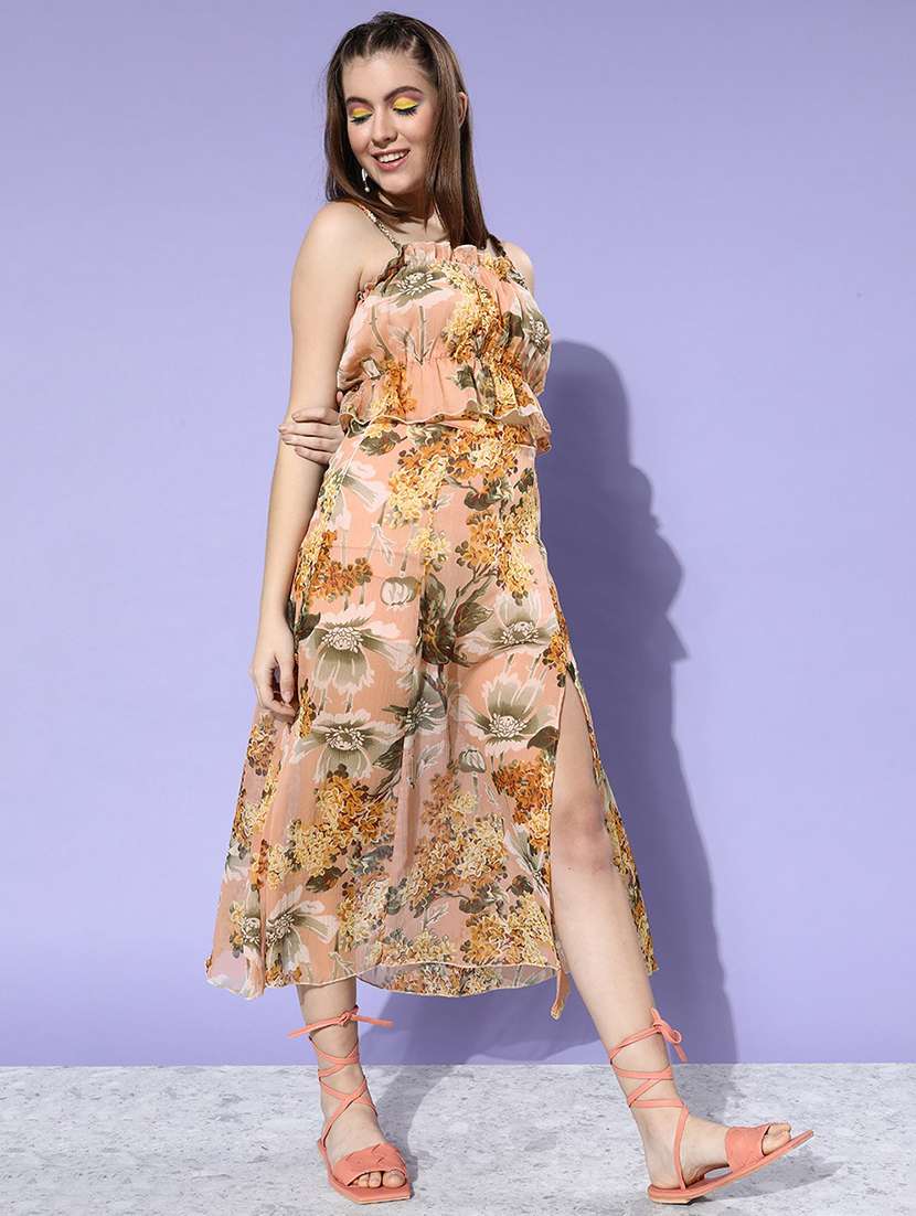 peach floral crop top & side slit skirt set - 18446989 - Standard Image - 1
