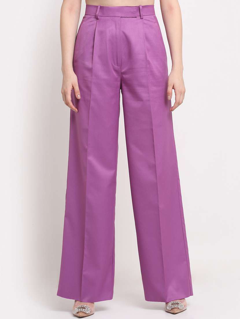 women solid pleated wide leg pants