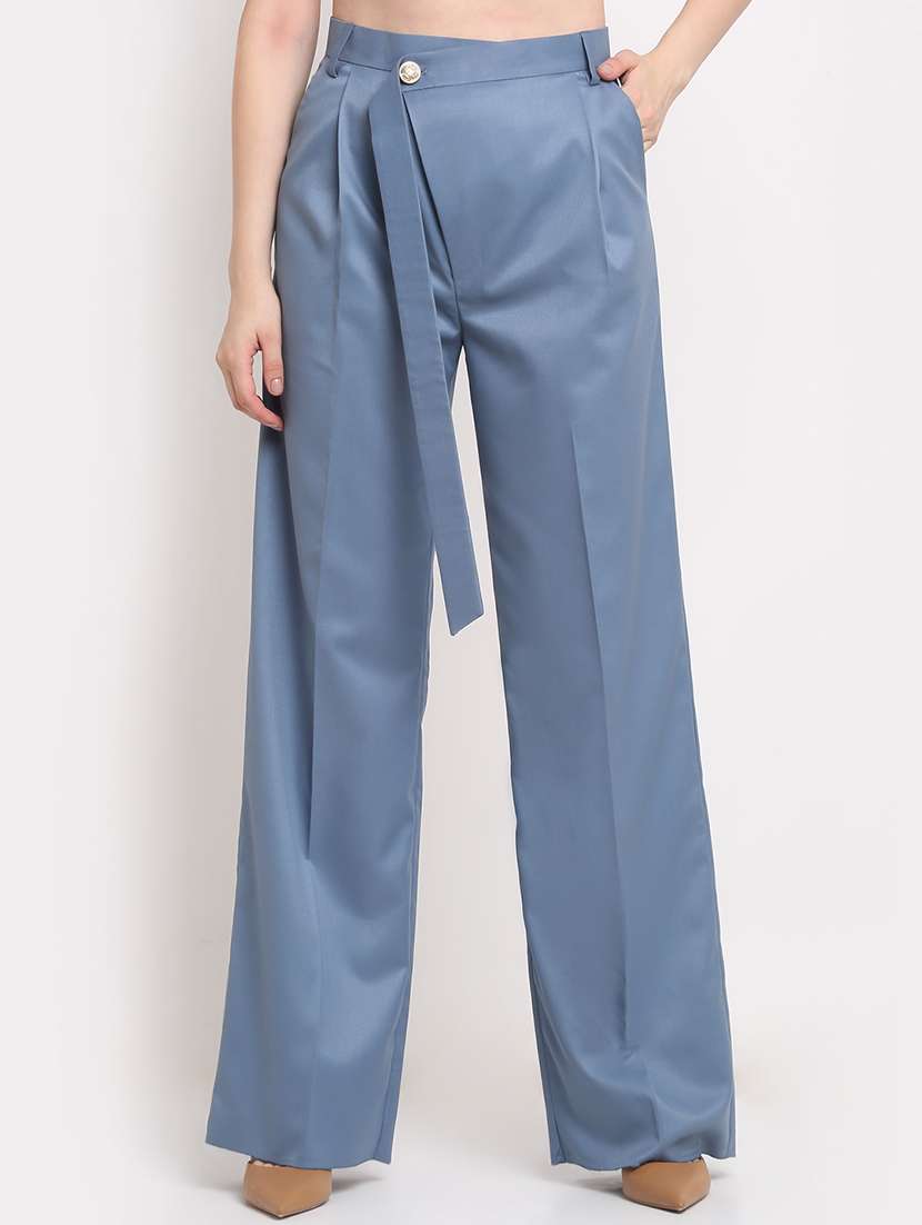 women solid pleated wide leg trouser