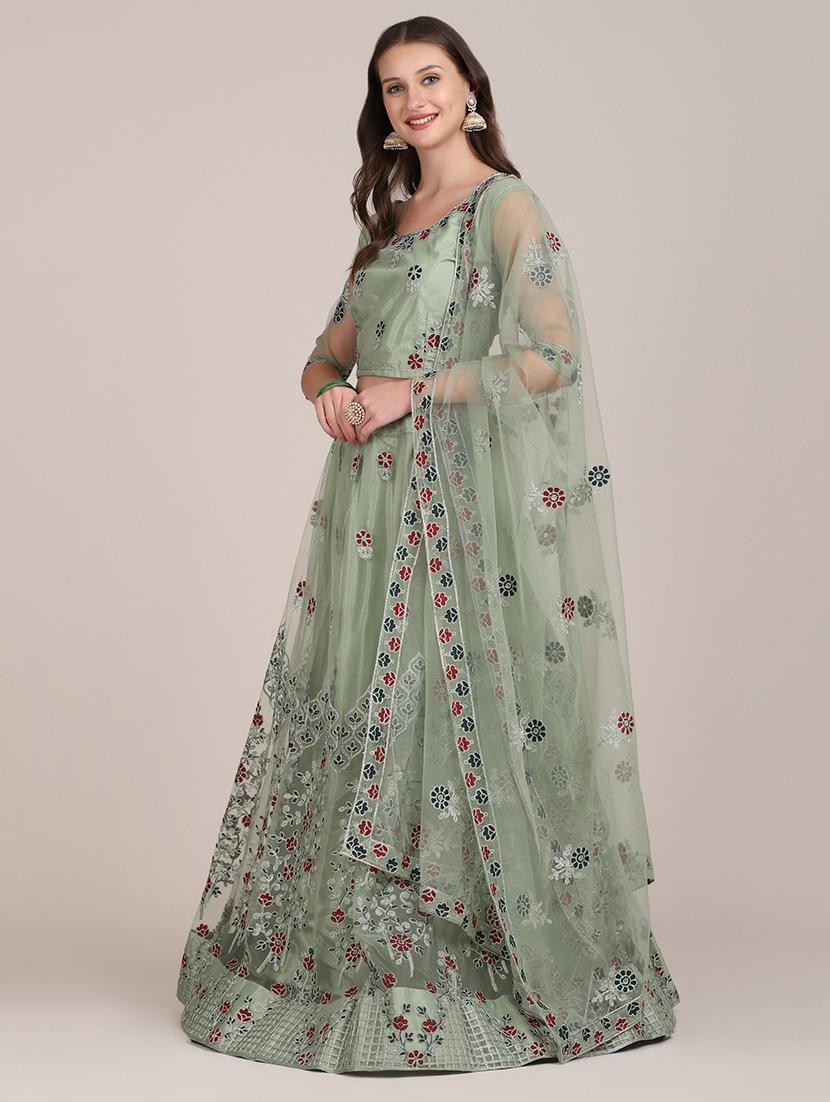 olive embroidered semi- stitched lehenga with dupatta - 18447923 - Standard Image - 1