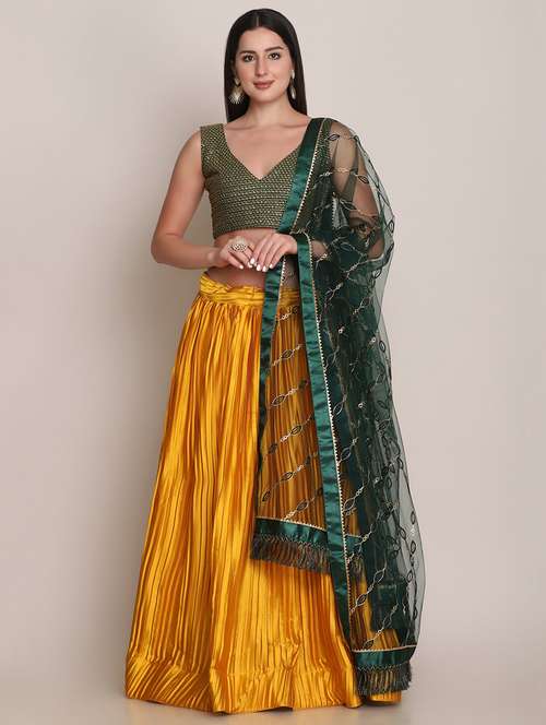 mustard pleated semi- stitched lehenga with dupatta