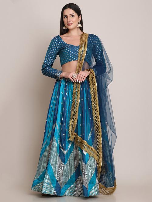 royal blue chevron semi-stitched lehenga with dupatta - 18447928 - Standard Image - 0