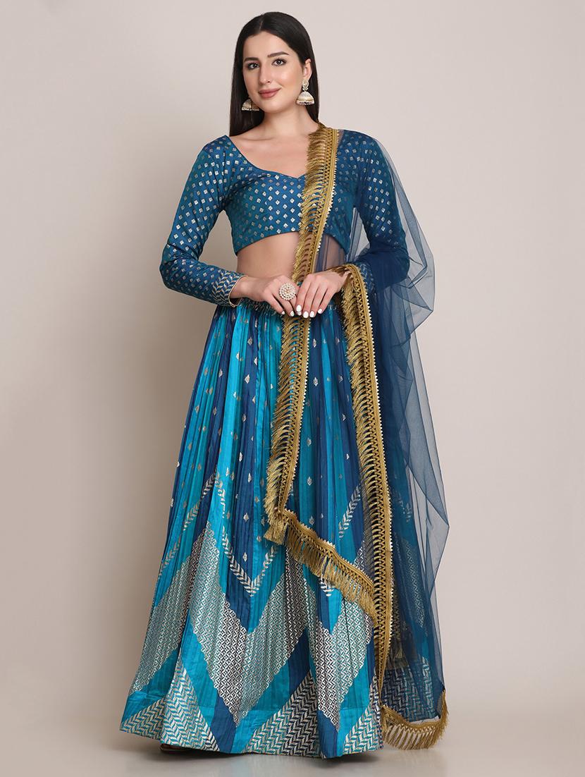 royal blue chevron semi-stitched lehenga with dupatta - 18447928 - Zoom Image - 0