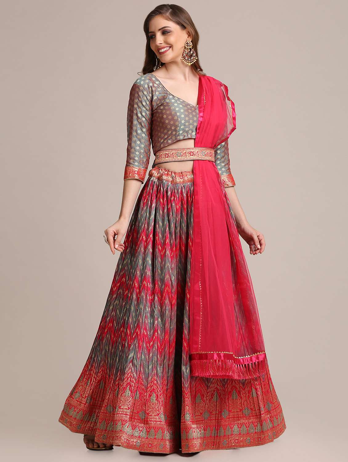 grey chevron flared lehenga with dupatta - 18447944 - Standard Image - 1
