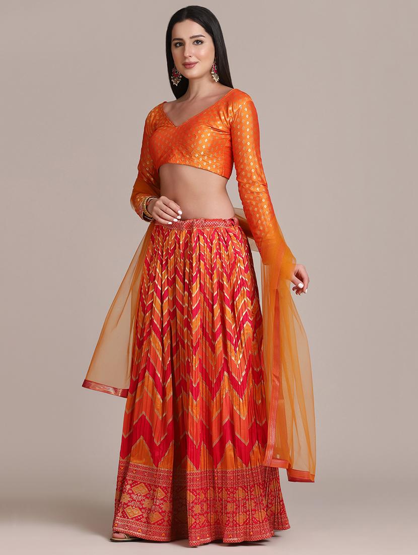 pleated chevron flared lehenga with dupatta - 18447946 - Standard Image - 1