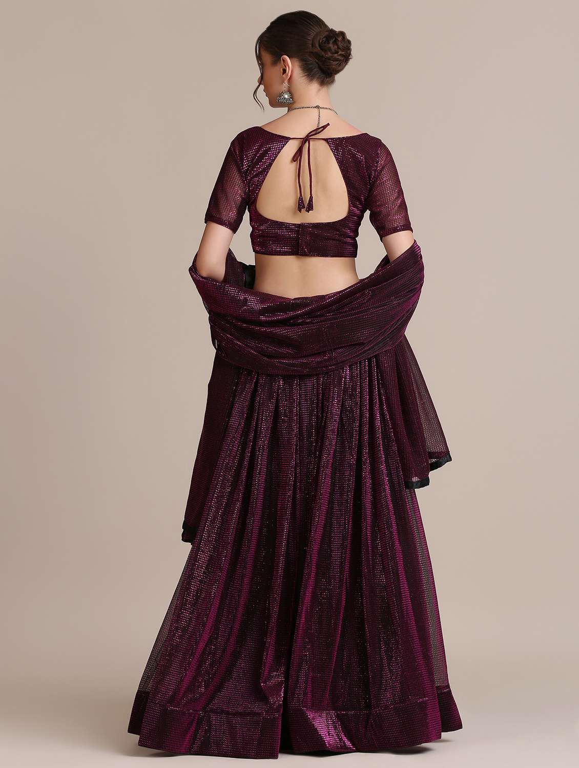 Wine Flared Semi Stitched Lehenga With Dupatta