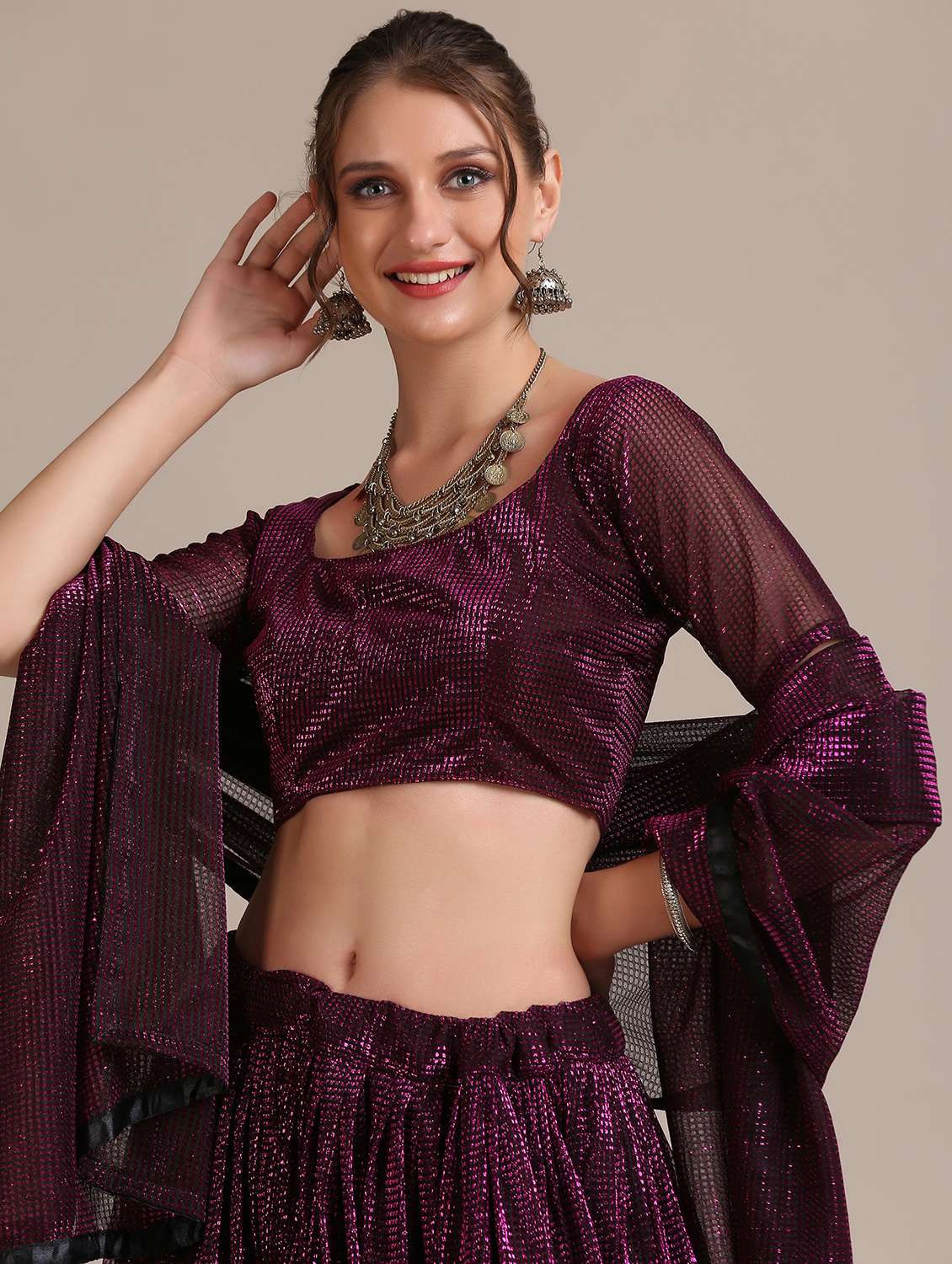 Wine Flared Semi Stitched Lehenga With Dupatta