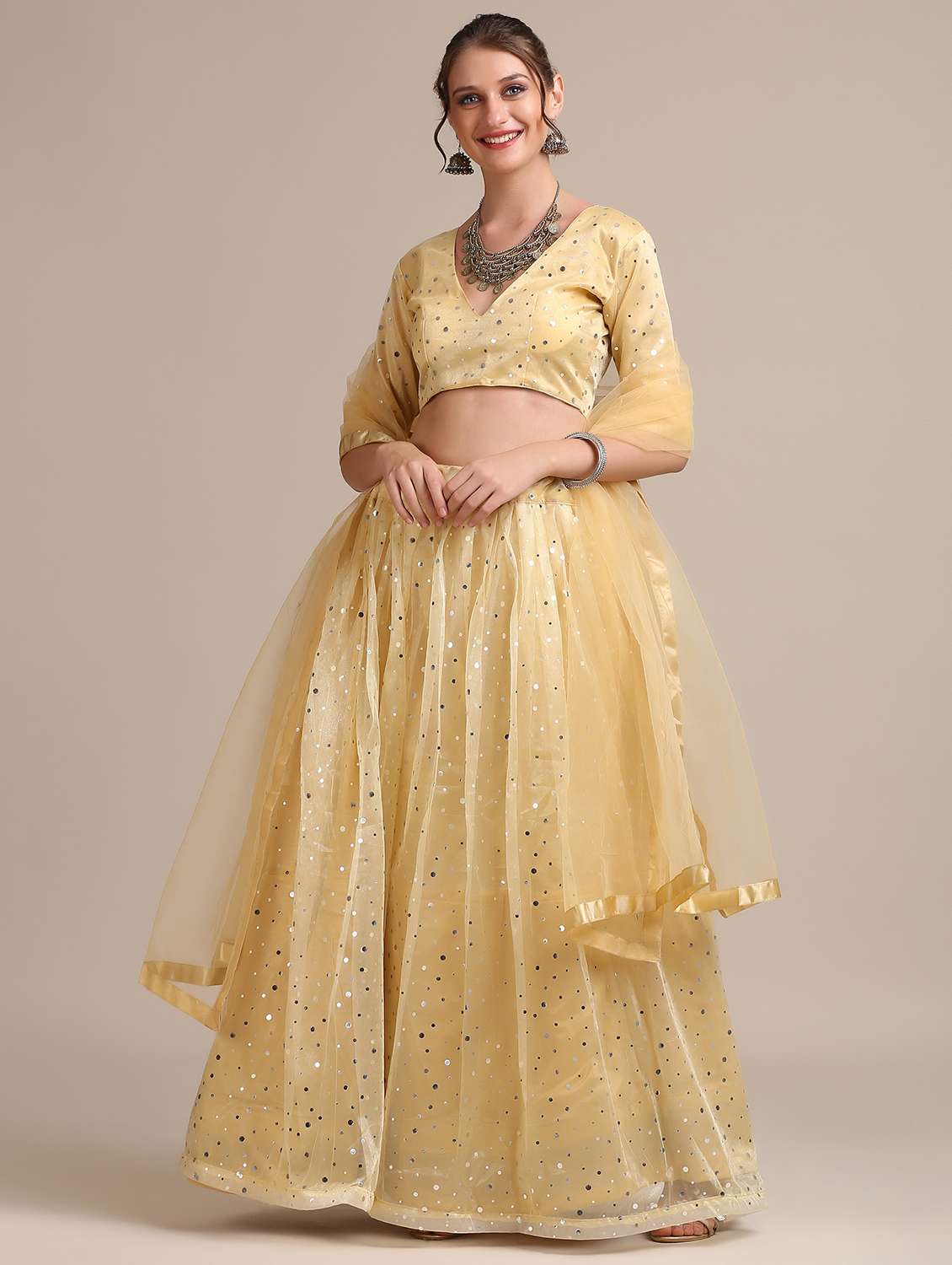 beige flared lehenga with dupatta