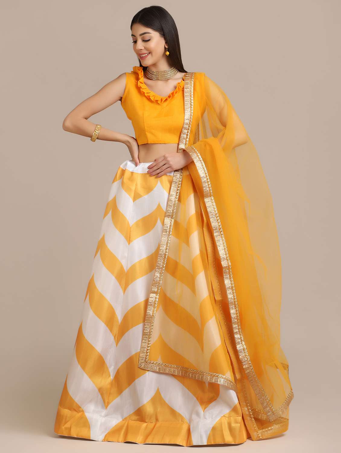 chevron flared lehenga with dupatta - 18447993 - Zoom Image - 0