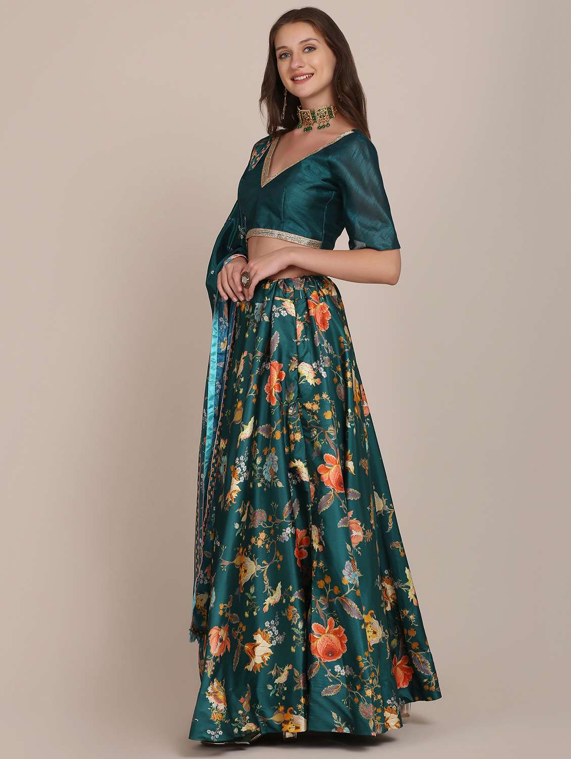 teal digital floral flared lehenga - 18447996 -  Standard Image - 1