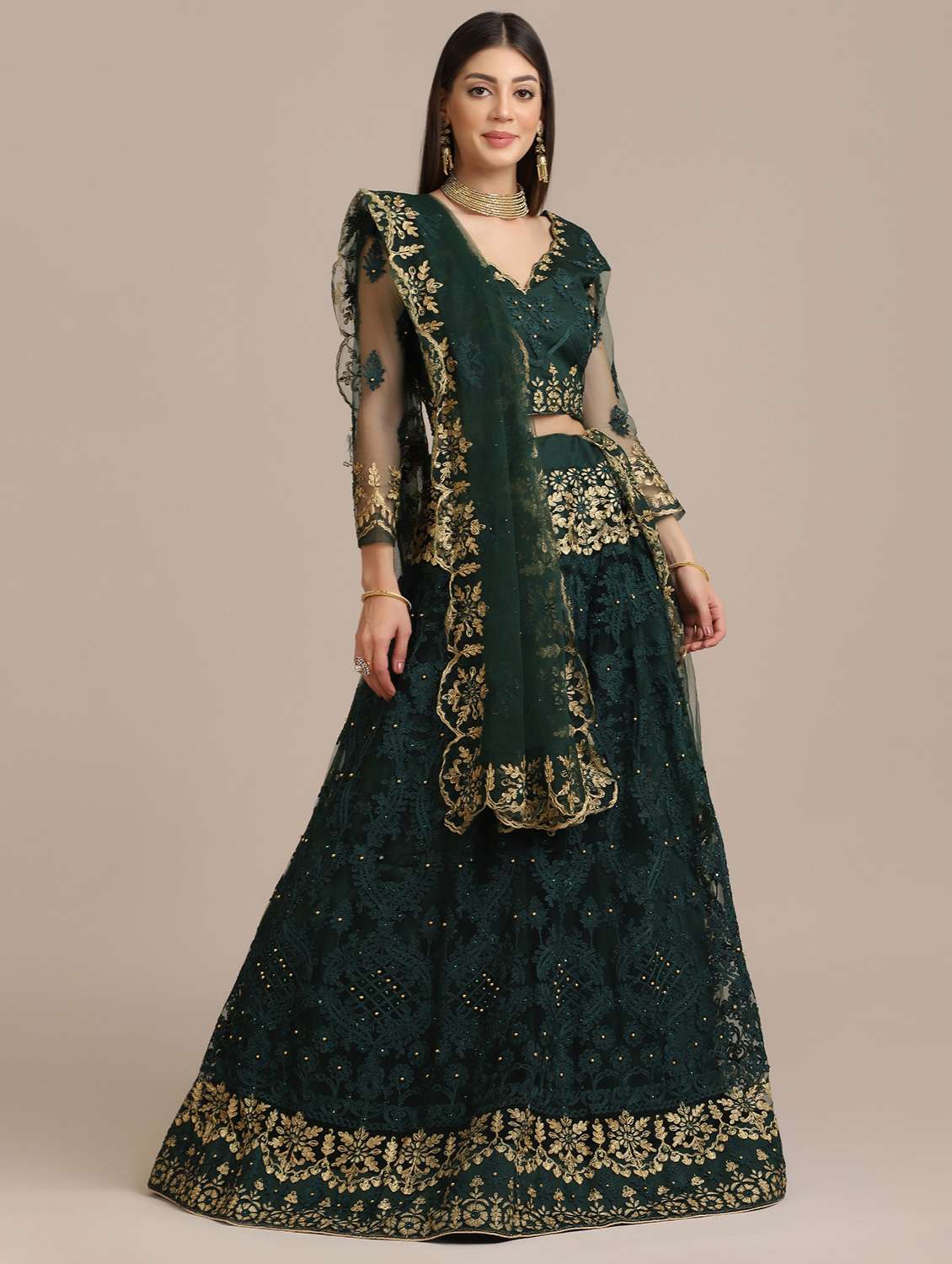 bottle green tonal embroidered flared lehenga - 18448001 - Zoom Image - 0