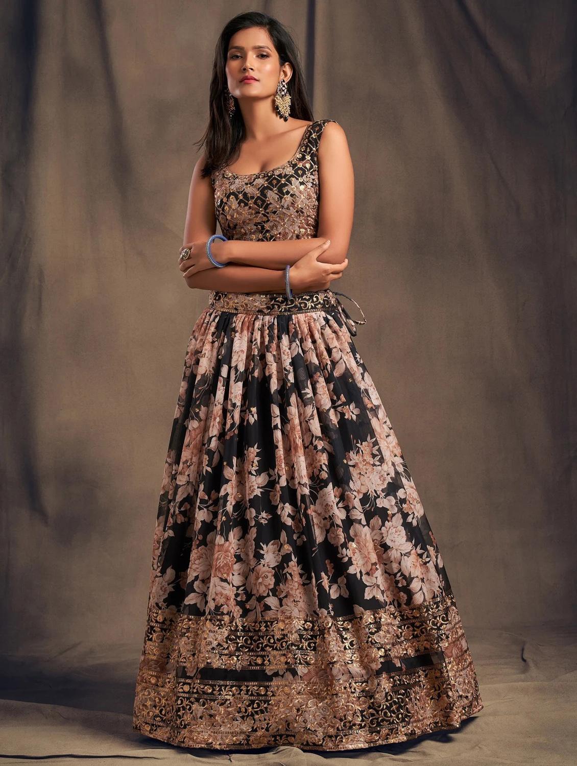 black embroidered semi-stitched flared lehenga choli set with dupatta - 18448693 -  Standard Image - 1