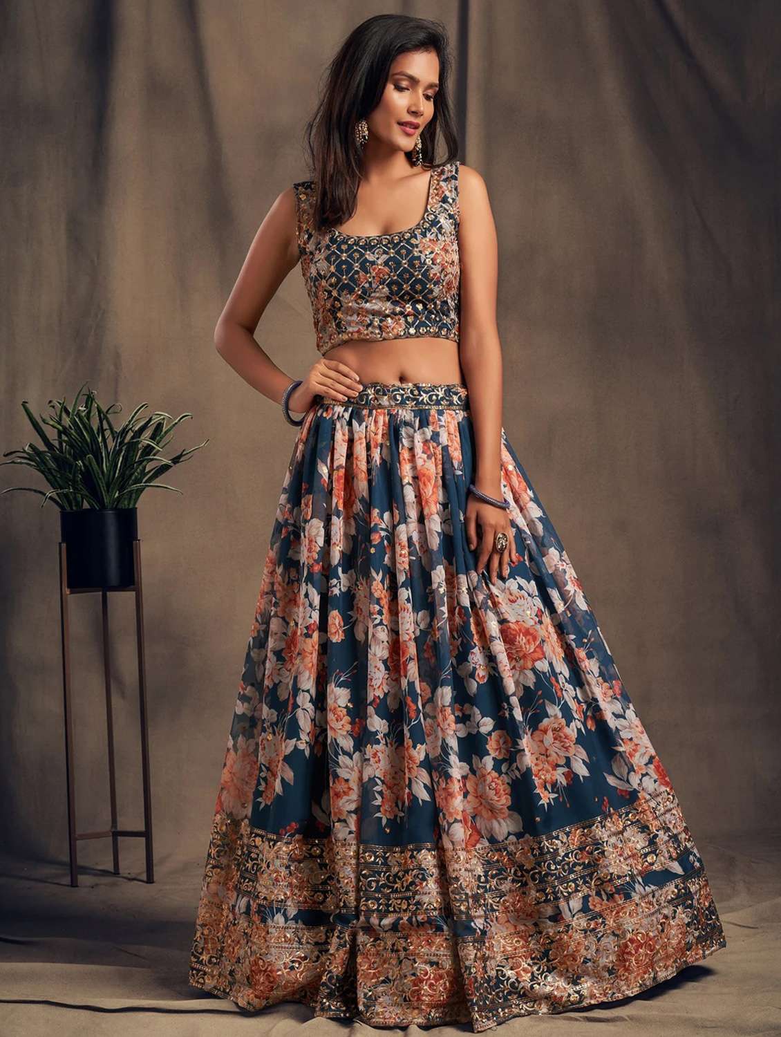 navy blue embroidered semi-stitched flared lehenga choli set with dupatta - 18448694 -  Standard Image - 1