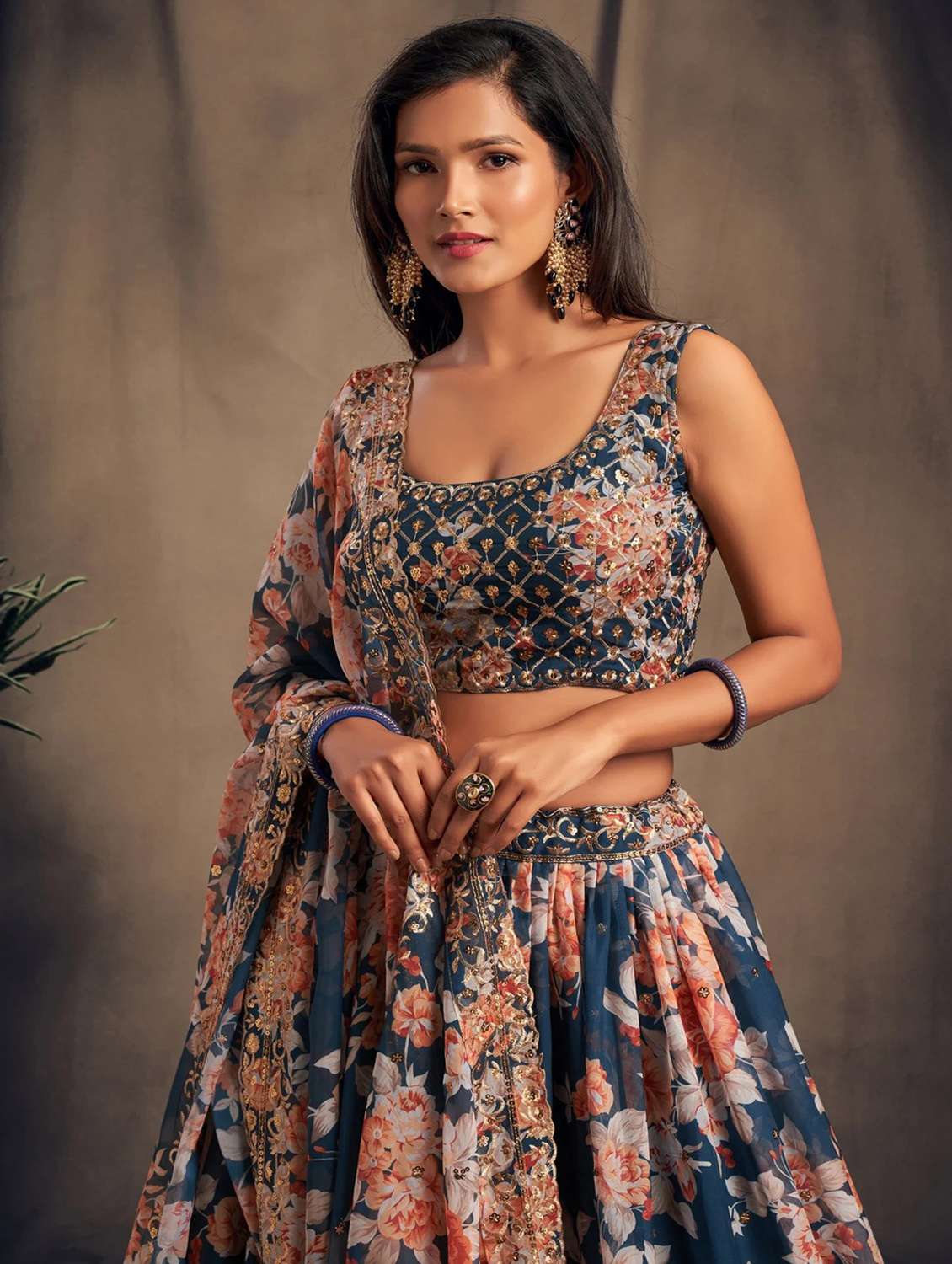 navy blue embroidered semi-stitched flared lehenga choli set with dupatta - 18448694 - Standard Image - 4