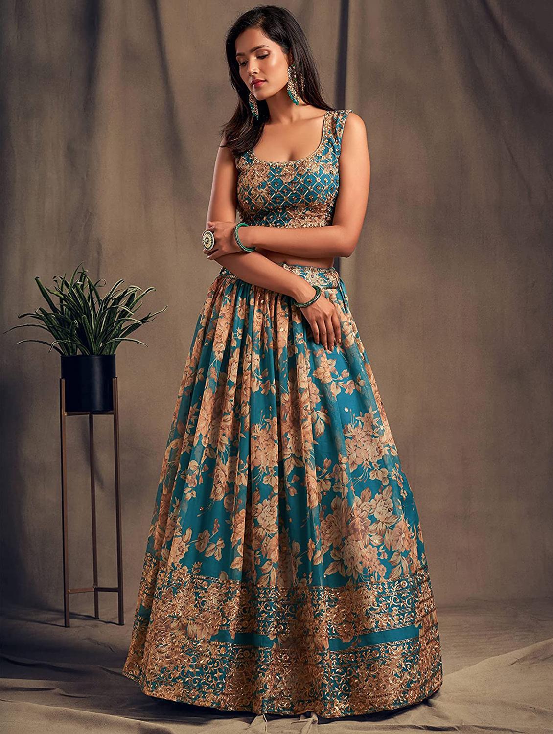 turquoise embroidered semi-stitched flared lehenga choli set with dupatta - 18448695 -  Standard Image - 1