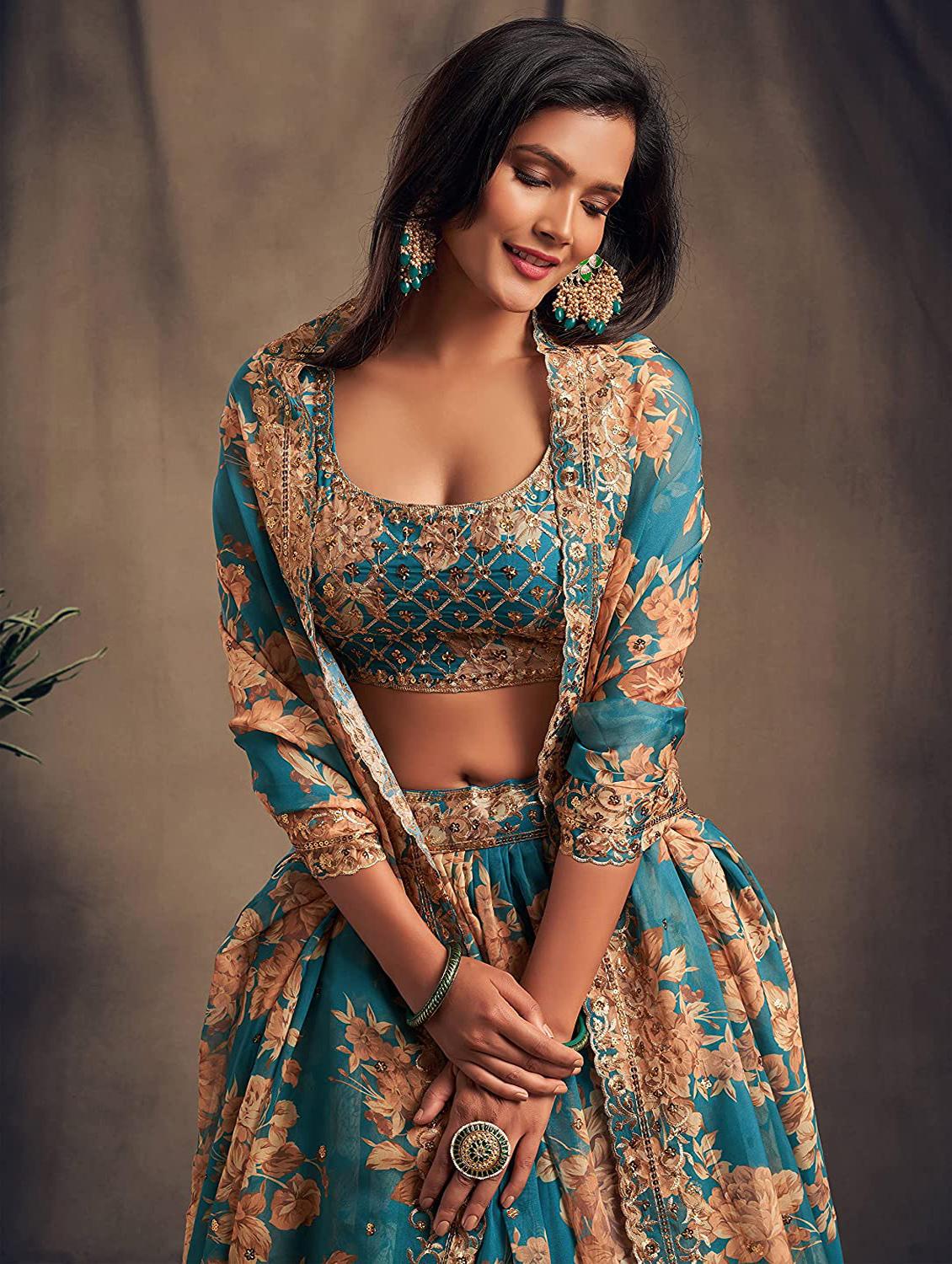 turquoise embroidered semi-stitched flared lehenga choli set with dupatta - 18448695 - Standard Image - 4