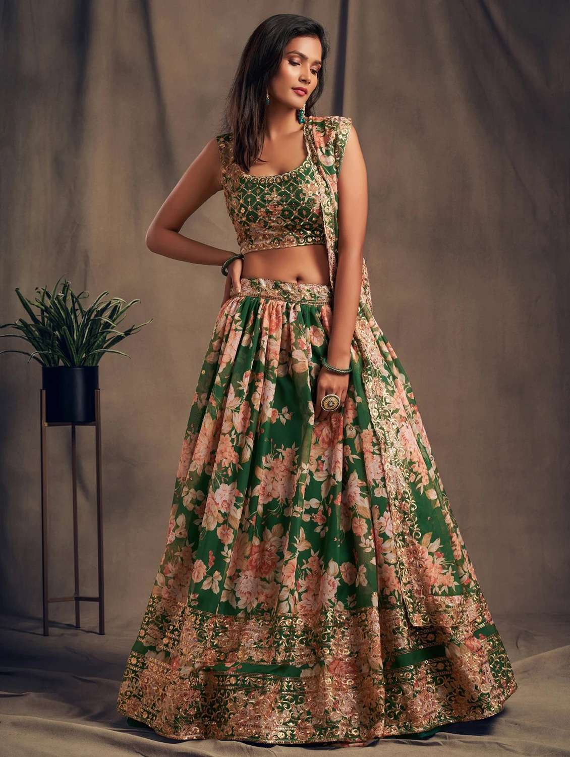 green embroidered semi-stitched flared lehenga choli set with dupatta - 18448696 -  Standard Image - 1