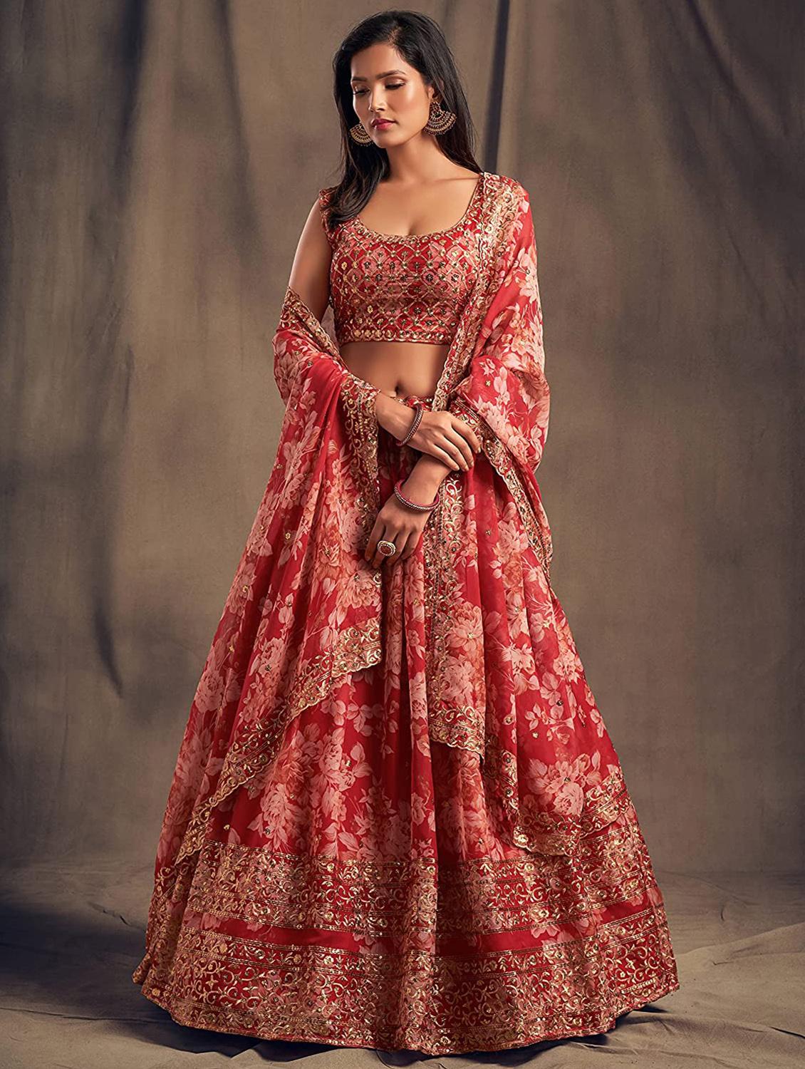 red embroidered semi-stitched flared lehenga choli set with dupatta - 18448698 -  Standard Image - 1
