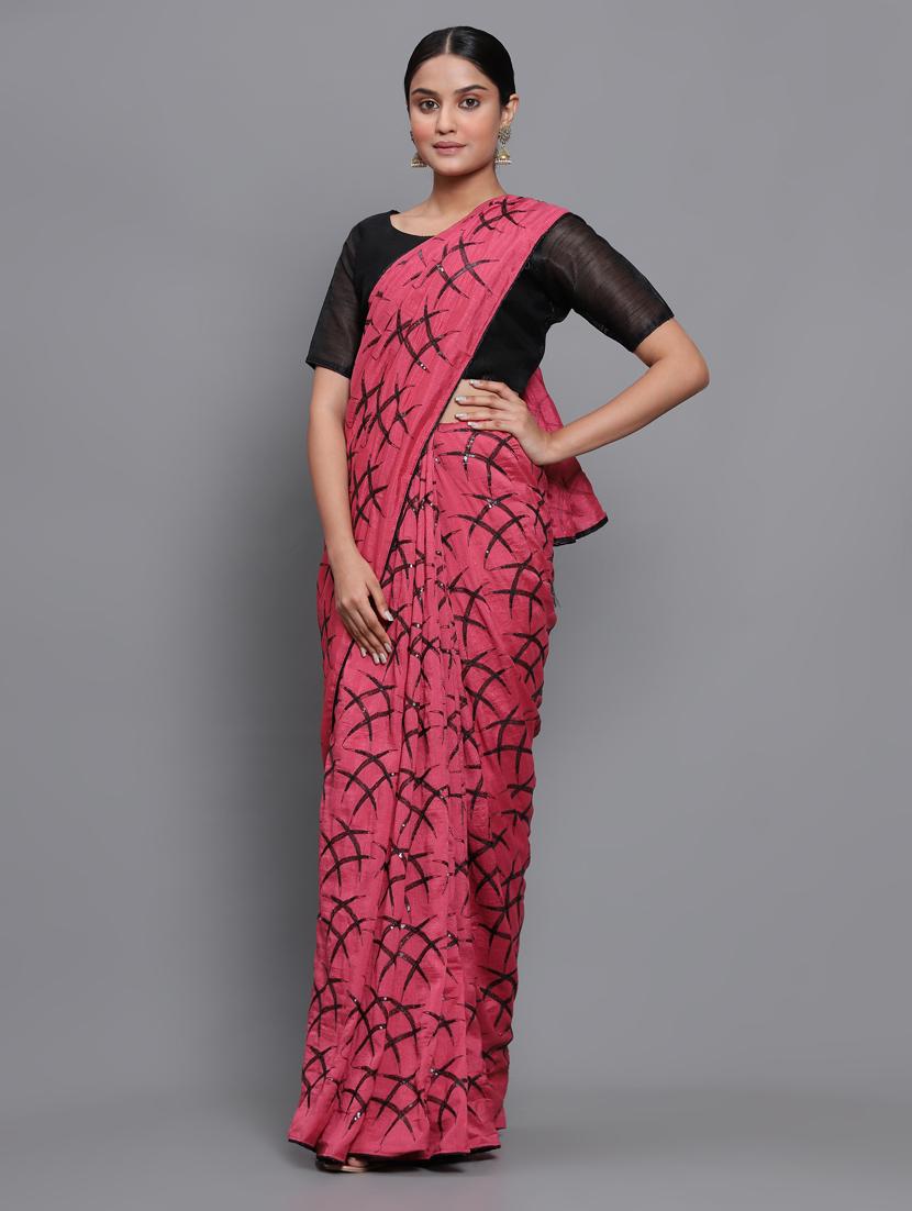 contrast piping embroidered saree with blouse - 18448860 - Standard Image - 1