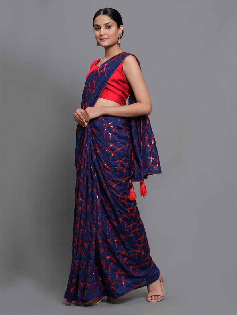 contrast piping embroidered saree with blouse - 18448861 - Standard Image - 1