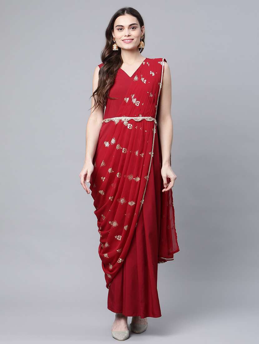 lace detailed foil print draped saree  with blouse - 18449028 -  Standard Image - 1