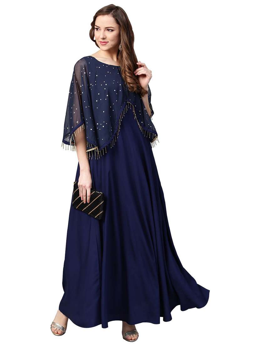 navy blue applique work layered ethnic dress - 18449137 -  Standard Image - 1
