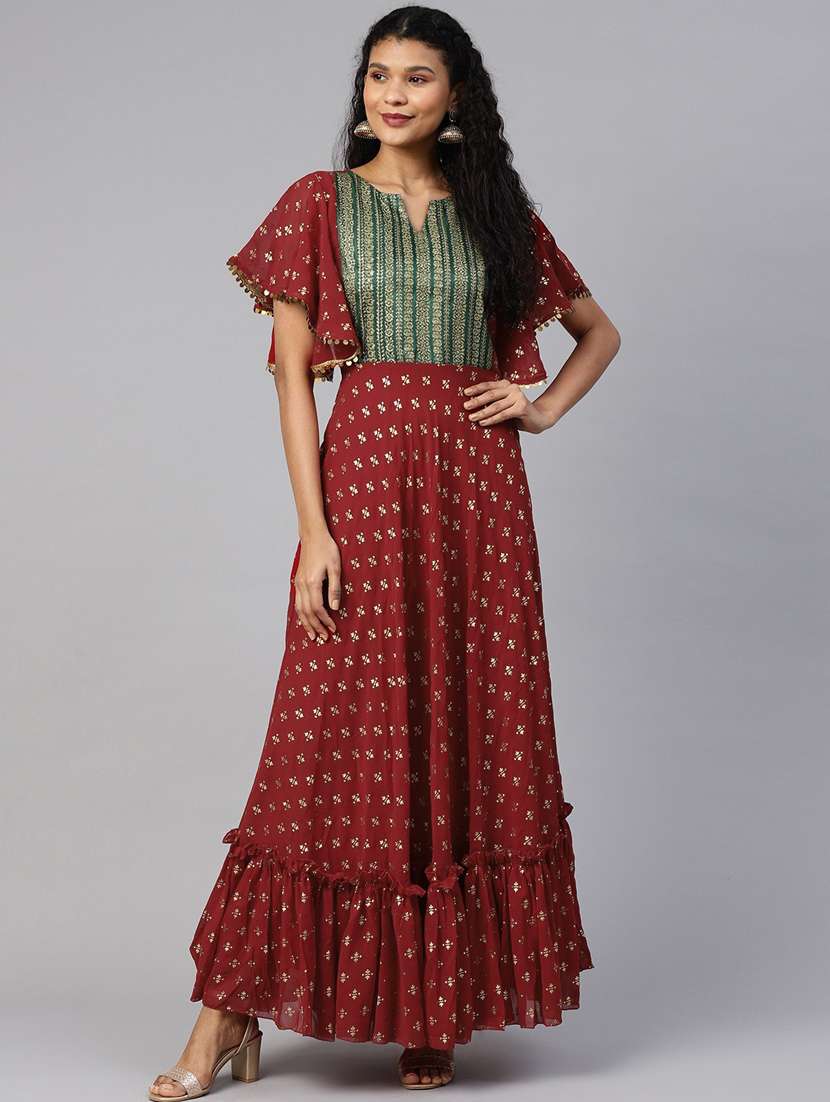 gold print tiered ethnic dress - 18449162 -  Standard Image - 1
