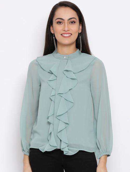 women sea green regular fit mandarin neck ruffled top - 18450167 -  Standard Image - 0