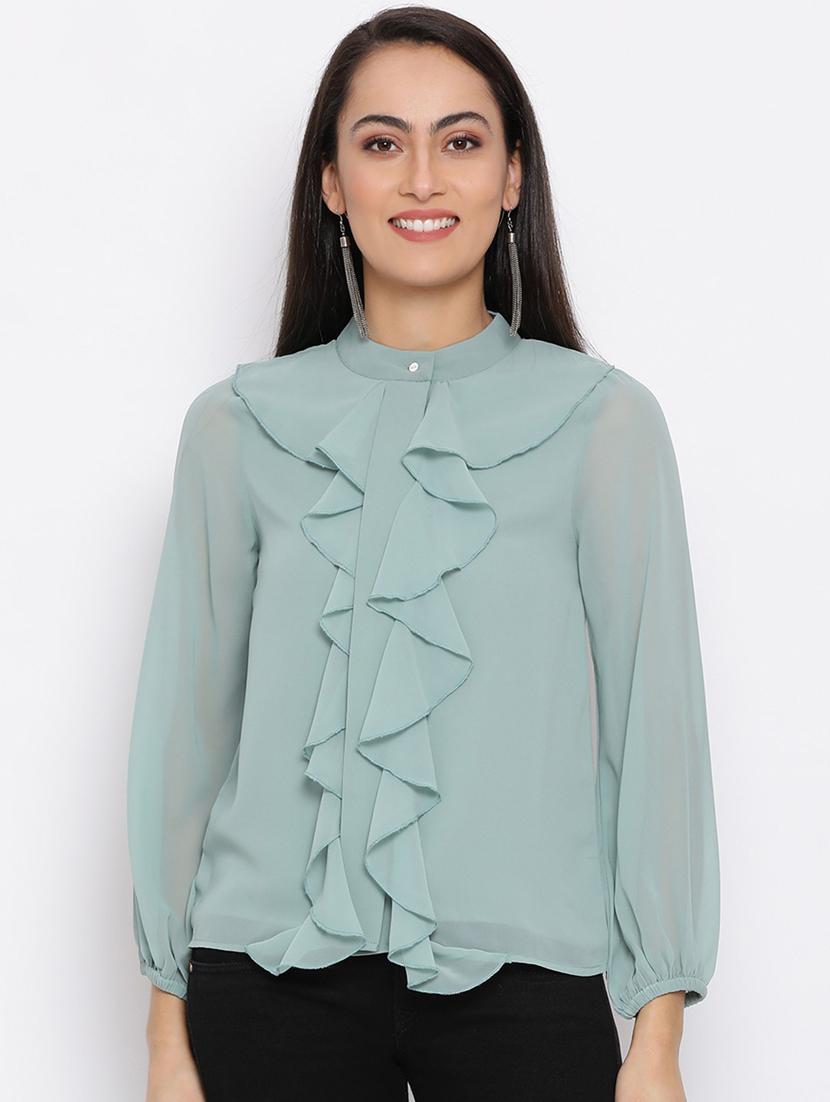 women sea green regular fit mandarin neck ruffled top - 18450167 -  Zoom Image - 0