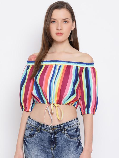 off shoulder striped regular top - 18450206 - Standard Image - 0