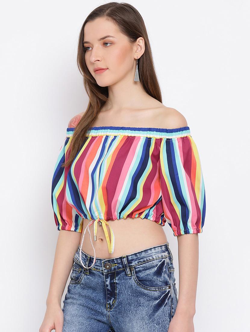off shoulder striped regular top - 18450206 -  Standard Image - 1