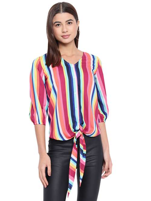 front tie striped regular top - 18450216 -  Standard Image - 0