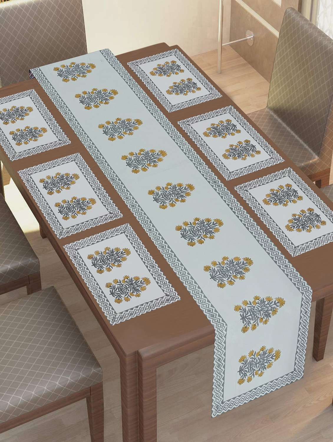 texstylers thick cotton canvas jaipuri block print 6 table mats and 1 runner set