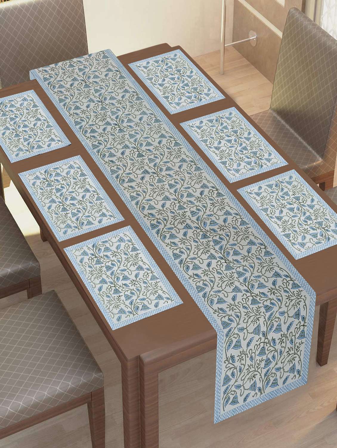 texstylers thick cotton canvas jaipuri block print 6 table mats and 1 runner set