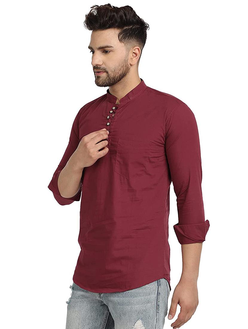 maroon solid short kurta - 18450602 -  Standard Image - 1