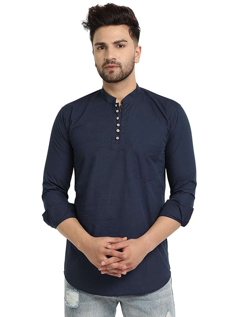 men navy blue solid short kurta