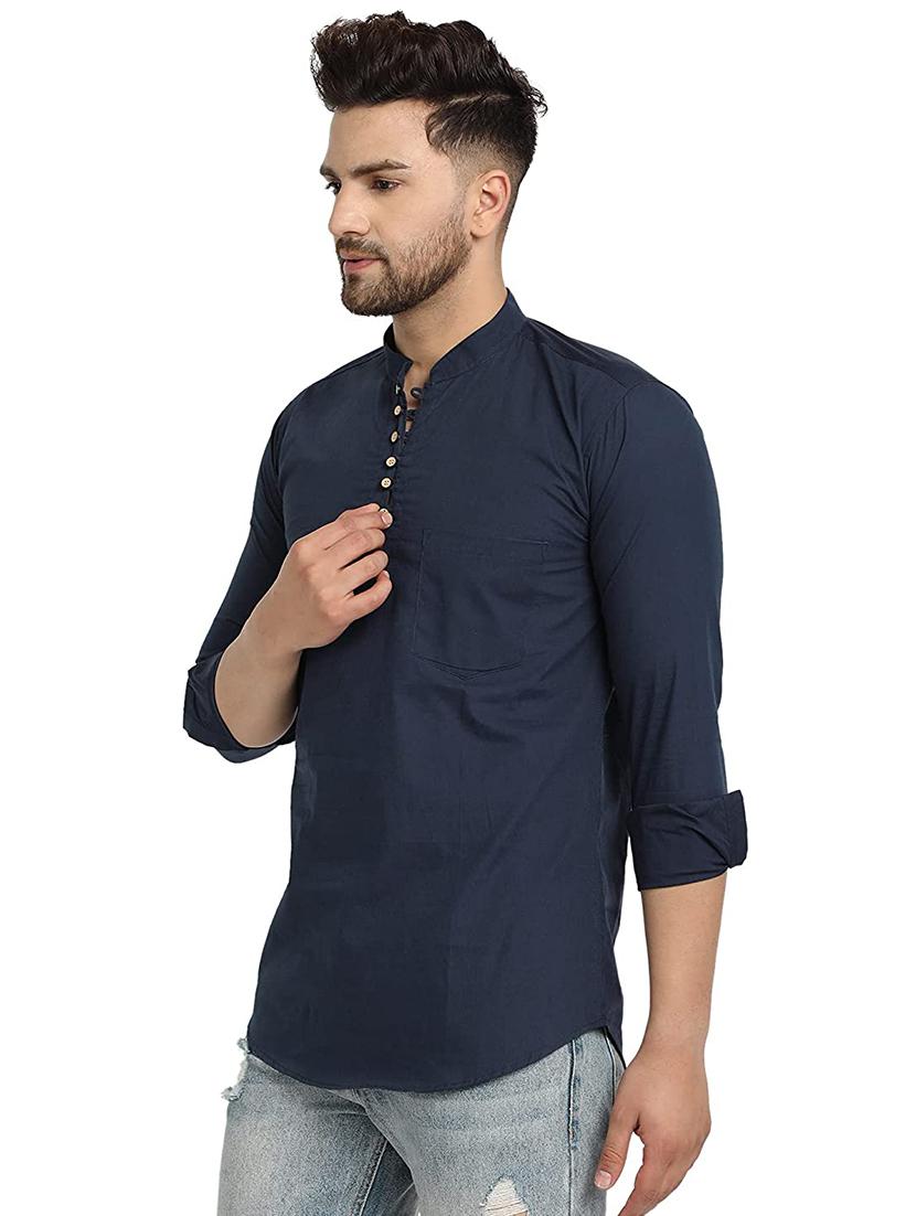 men navy blue solid short kurta - 18450603 - Standard Image - 1