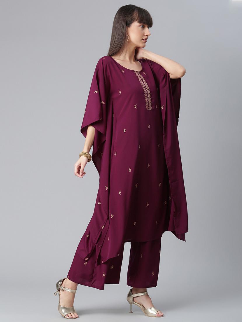 burgundy foil-printed kurta palazzo set - 18451120 -  Standard Image - 1