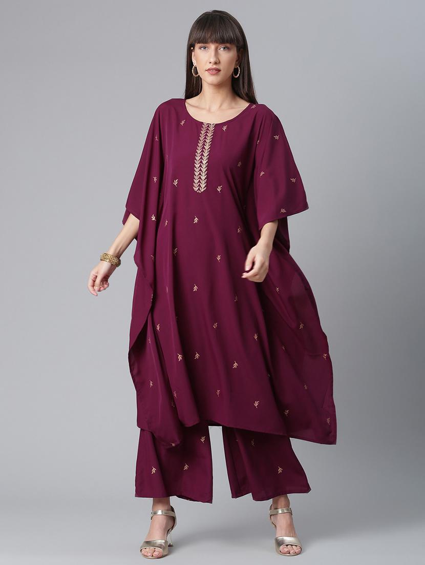 burgundy foil-printed kurta palazzo set - 18451120 - Standard Image - 4