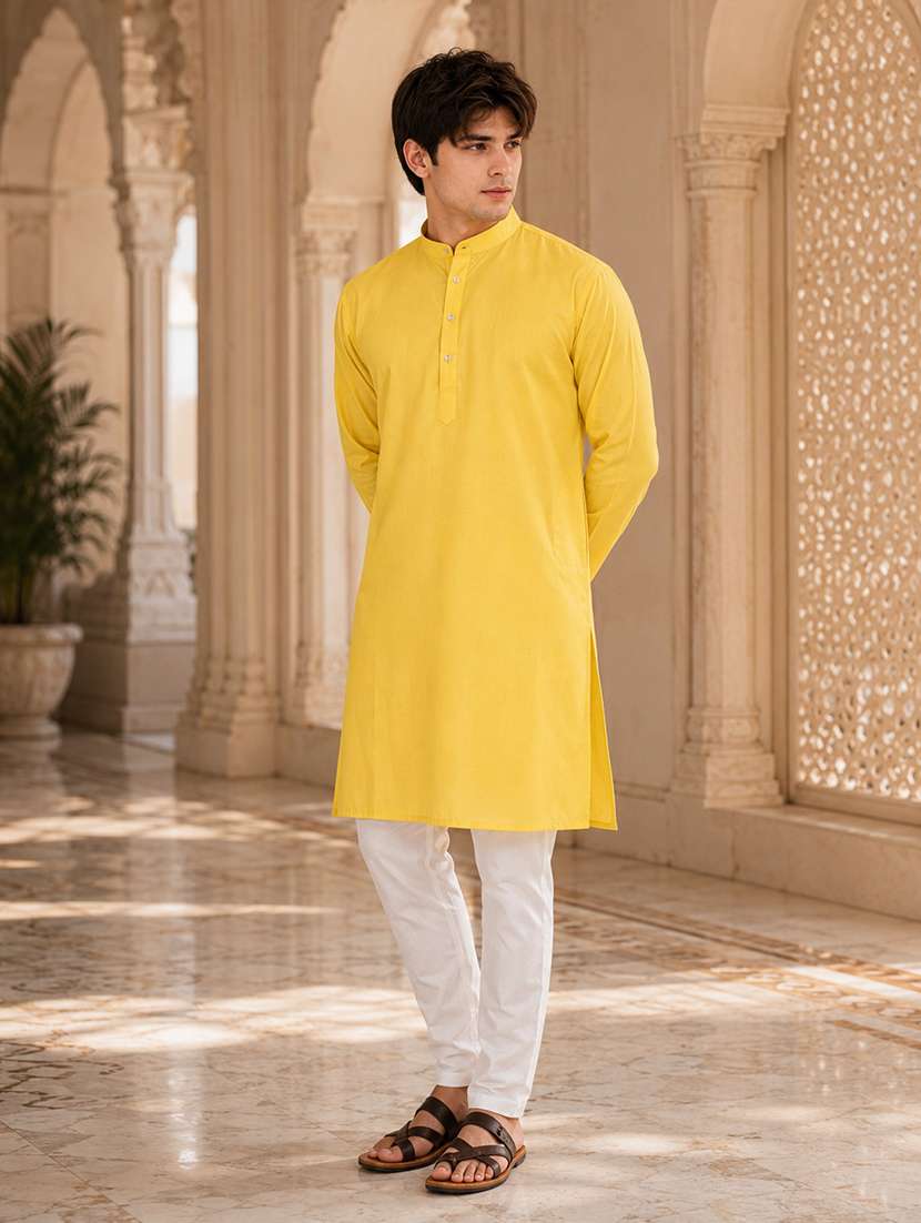 Yellow Solid Kurta Pyjama Ethnic Wear Set - 18452328 -  Standard Image - 1