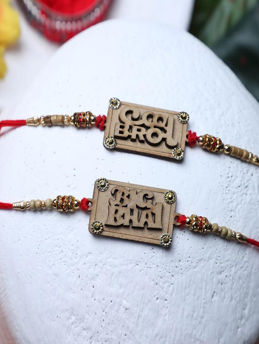 latest rakhi design set of 2 wooden with raksha bandhan greeting card roli chawal chandan and mishri